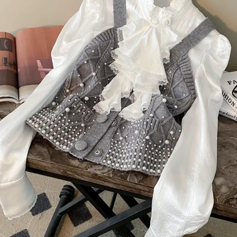 

Женский комплект из двух предметов: трикотажная рубашка с бисером и длинным рукавом, облегающая, в стиле пэчворк, 2026 года от Camisas De Mujer - Sweet Top