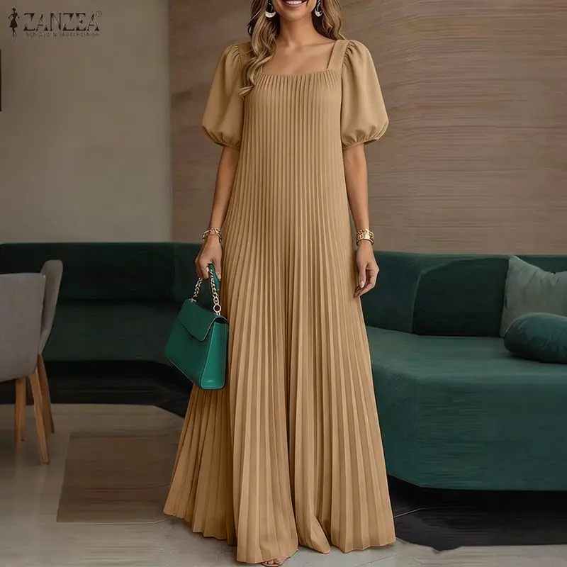 ZANZEA Elegante Damen-Kleider mit kurzen Puffärmeln, plissiert, Sommer-Maxikleid, quadratischer Ausschnitt, einfarbig, A-Linie, Baggy-Party-Robe, Vestidos