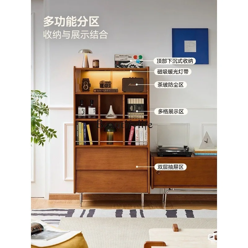 خزانة مجمعة من الخشب الصلب بتصميم عتيق ورف خزانة كتب بباب زجاجي وأرضية جدارية مدمجة #4