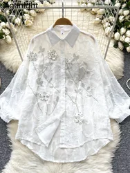 Gaganight Women Heavy Industry Diamond Inlaid Three dimensional Flower Embroidery Shirt 2024 French Long Sleeved Chiffon Shirt