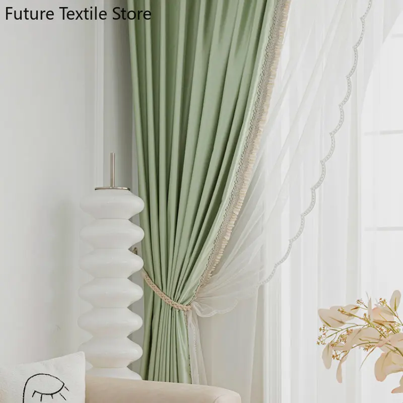 

2023 new simple curtains for living room light luxury modern fresh finished gauze bedroom matcha master green lace beautiful