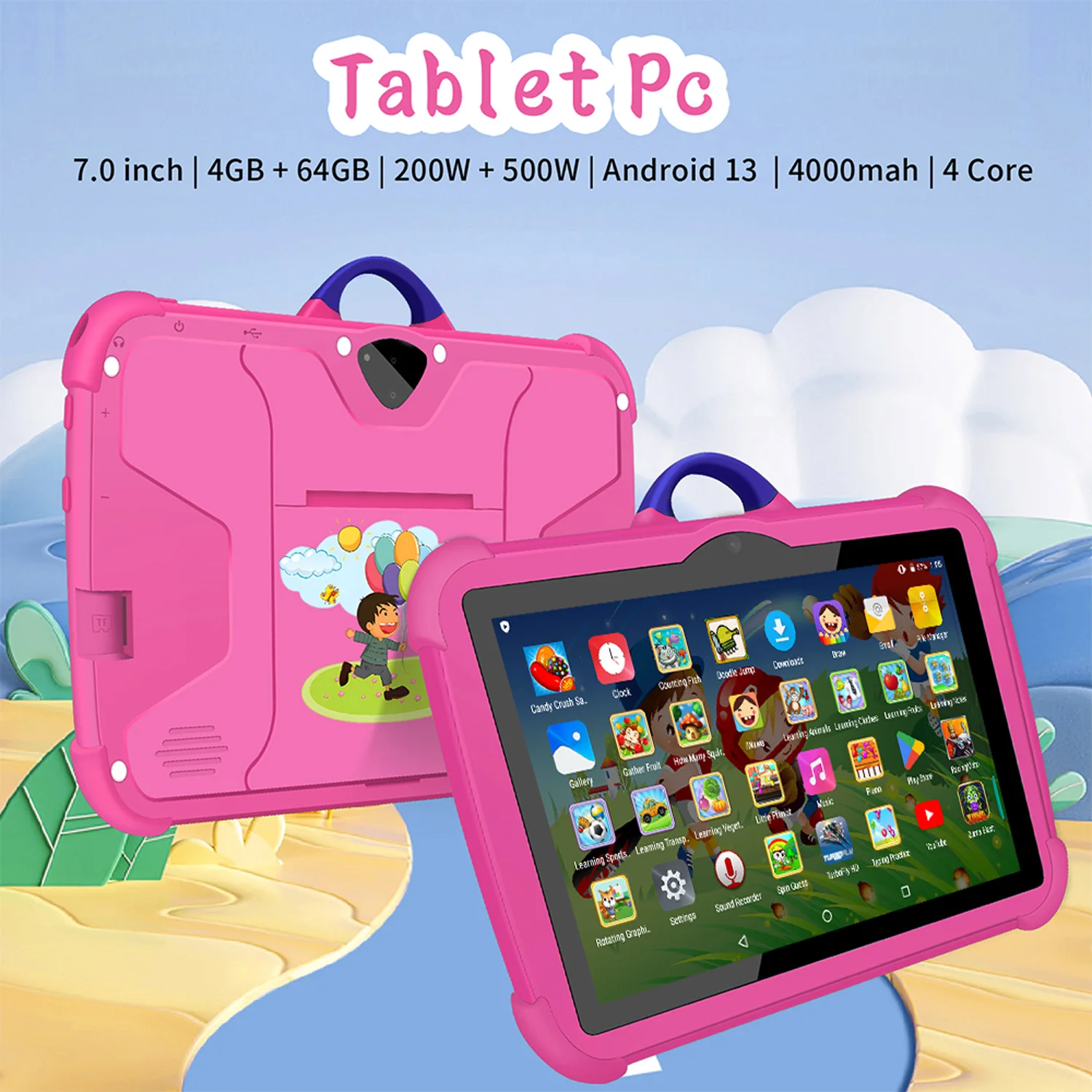 2025 New 5G WiFi Kids' tablet 7 Inch Android Learning Education Tablets Quad Core 4GB RAM 64GB ROM Google Play Bluetooth 4000mAh