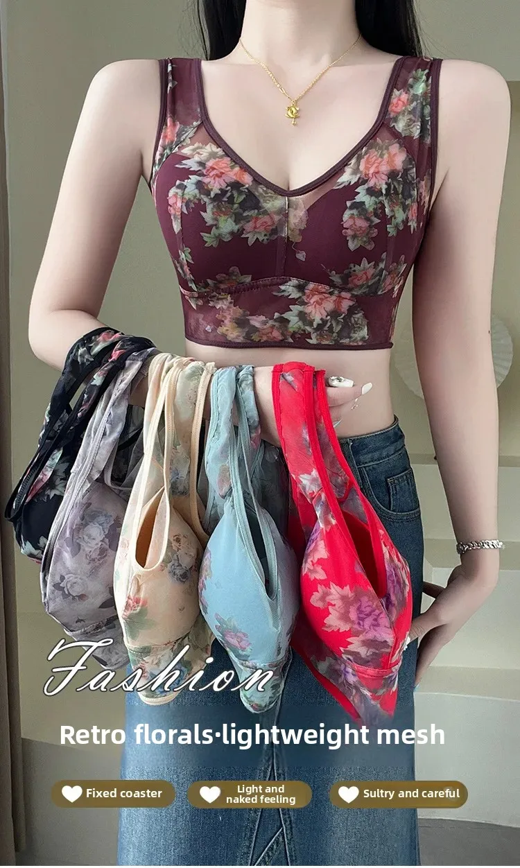 Sujetador de talla grande con copas fijas, inalámbrico, transpirable, fino, estilo chaleco de una pieza para personas de mediana edad y mayores.