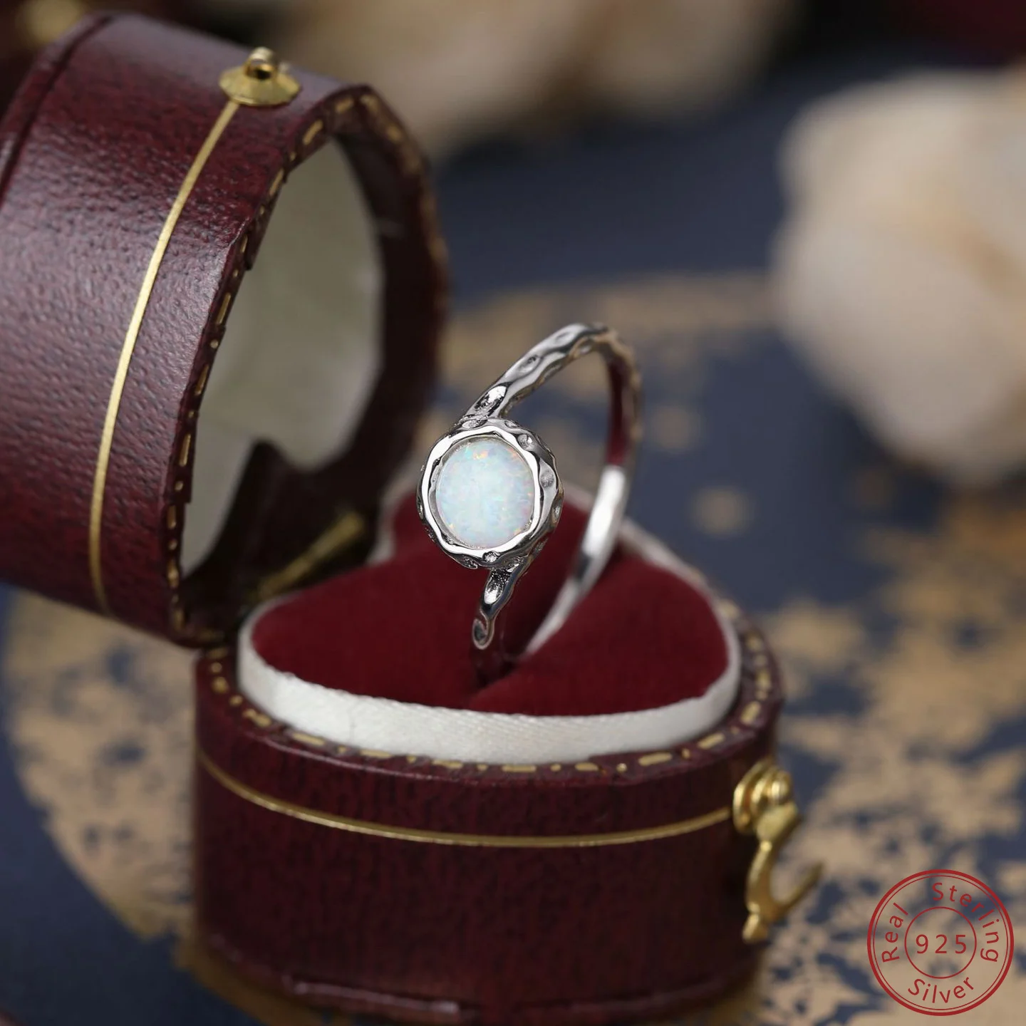 

2025 New 100% 925 Sterling Silver Inlaid White Opal Ring Fashion Personalized Design High and Low Groove Jewelry for Women