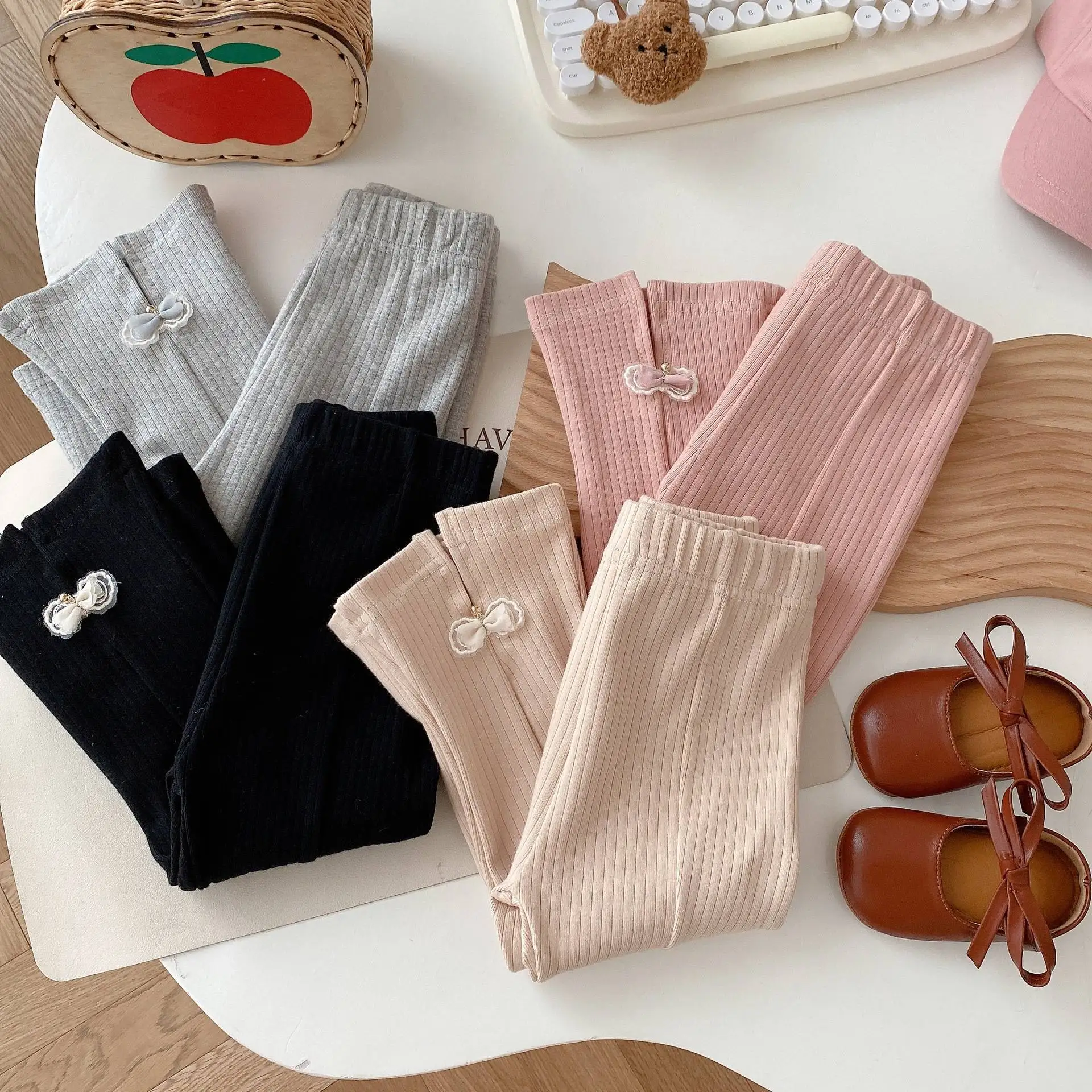 Newborn Baby Girl Spring and Autumn Bow Elastic Waist Bell-bottoms Pants: Brown, Fashionable Matching Bottoming in Pink  Grey