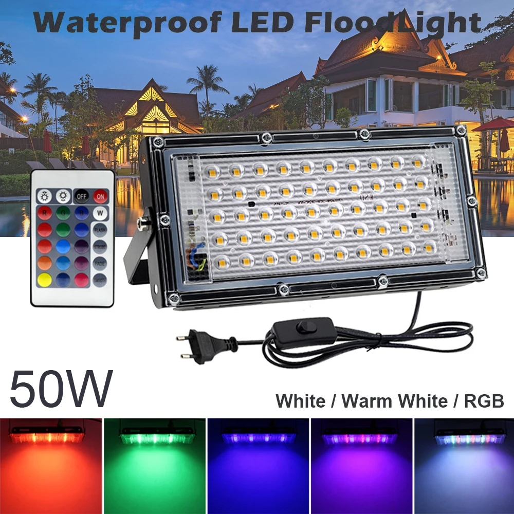 

50W LED Flood Light RGB Landscape Lights 220V IP65 Waterproof Garden Lighting Lamp Spotlight with Switch Wire Wall Floodlights