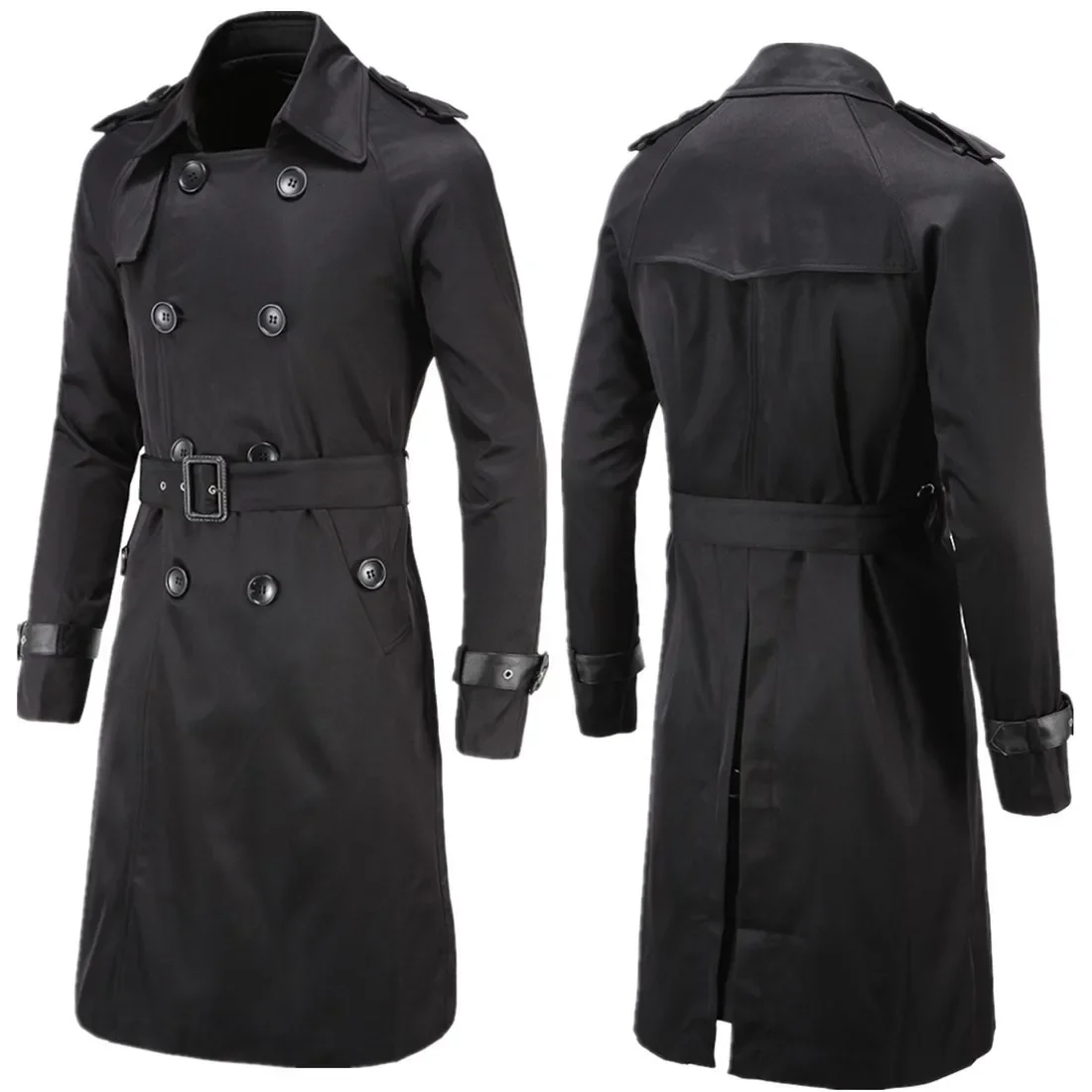 

Mens Spring Autumn Windbreak Overcoat Long Trench Coats with Belt Male Pea Coat Double Breasted Peacoat