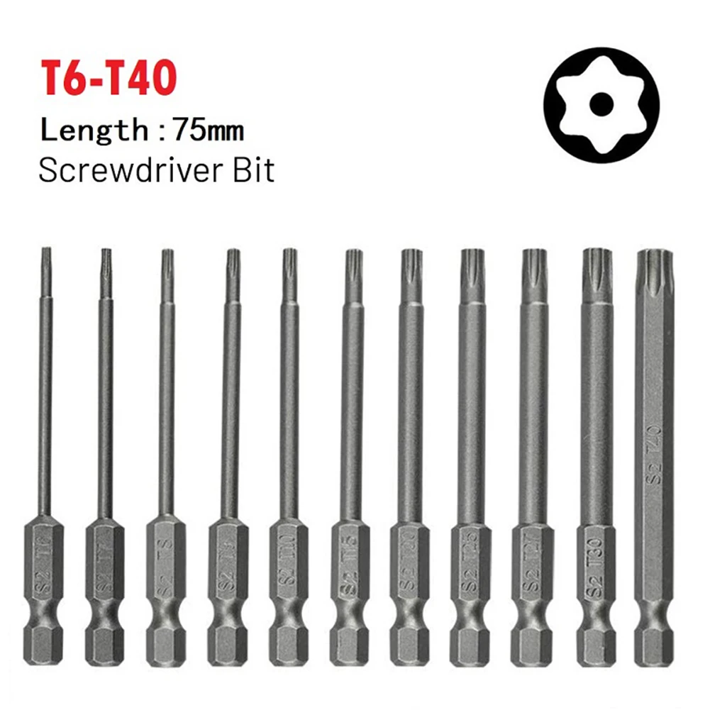 Torx Screwdriver Bit 75mm Magnetic Head Drill Bit Hex Shank T7/T8/T9/T10/T15/T20/T25/T27/T30/T40 Electric Impact Driver Tool