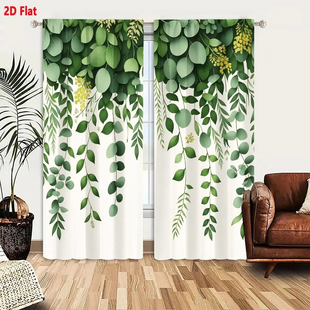 2Pcs Curtains 2D Flat Lush Vertical Green Foliage With Eucalyptus Leaves And Ferns On Off White Background Window Drapes for Bed