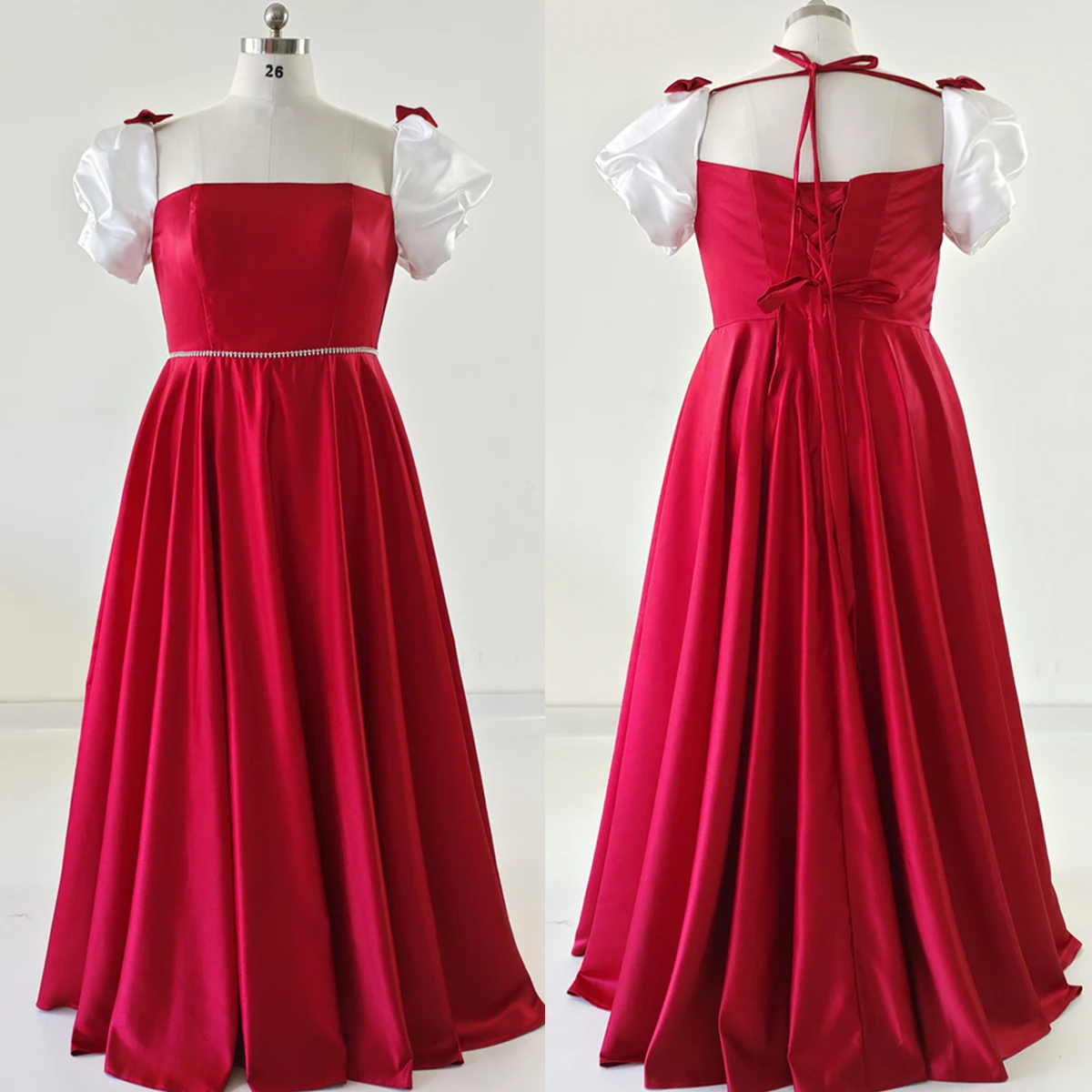 

Real Photo Evening Dress Plus size Burgundy Satin Lace Up Floor Length Pleat A-Line Square Collar Women Party Formal Gown B2688