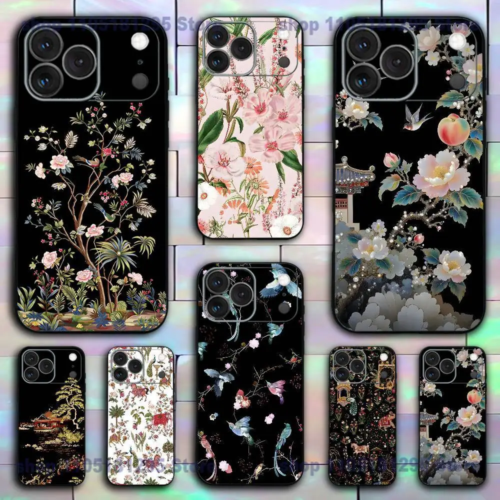 

Elegant Floral Bird Botanical Phone Case For iPhone 17,16,15,14,13,12,11,X,XR,XS,Plus,Mini,Pro,Max Soft black Shockproof Cover