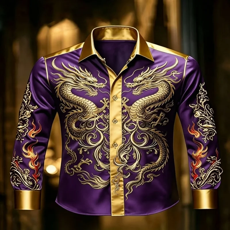 Elegant Style men's long-sleeved Lapel Shirt With Button Design  Digital Printing  Casual Comfort  And Fashionable Wear
