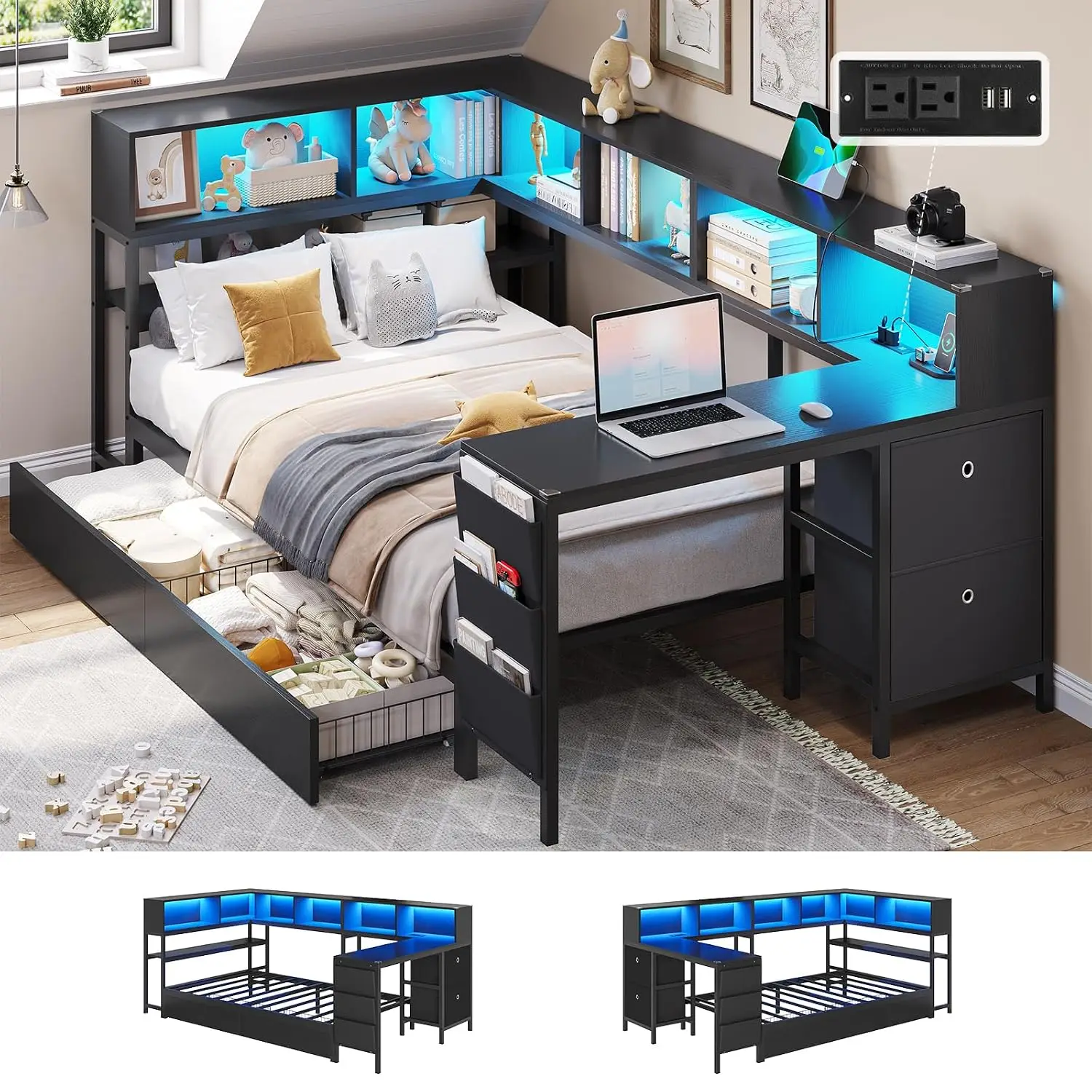 Corner Twin Bed Frame Desk Storage Drawers LED Lights Charging Station Bookcase Shelves Kids Teen Bedroom Black Customized