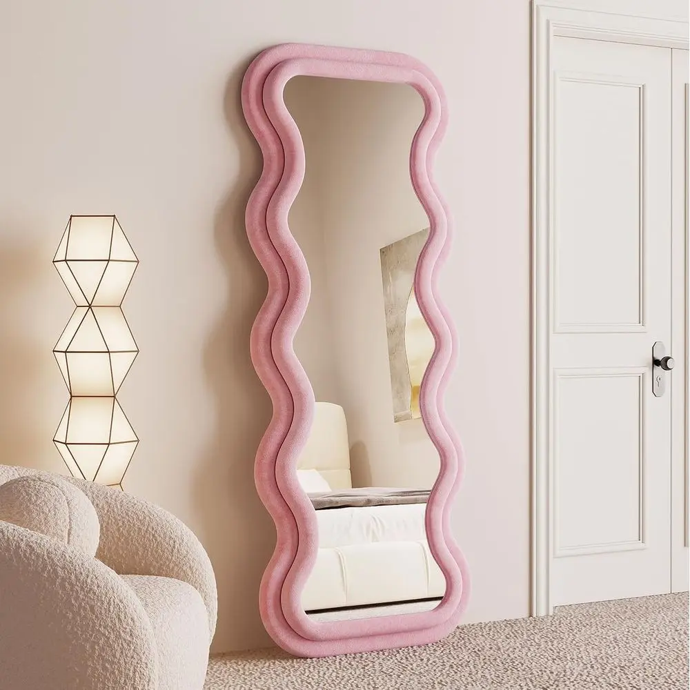 ull Length Wavy Mirror, 63"x24", Arched loor & Wall Mirror - Standing, Hanging or Leaning - lannel Wrapped Wooden e - Pink