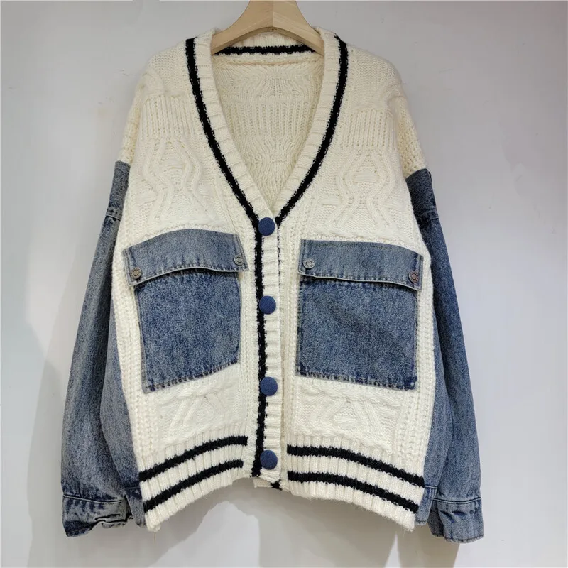 DEAT Fashion Trendy Women's Denim Pockets Patchwork Knit Cardigan Loose V-neck Long Sleeves Sweater Female 2024 Autumn 33A2150