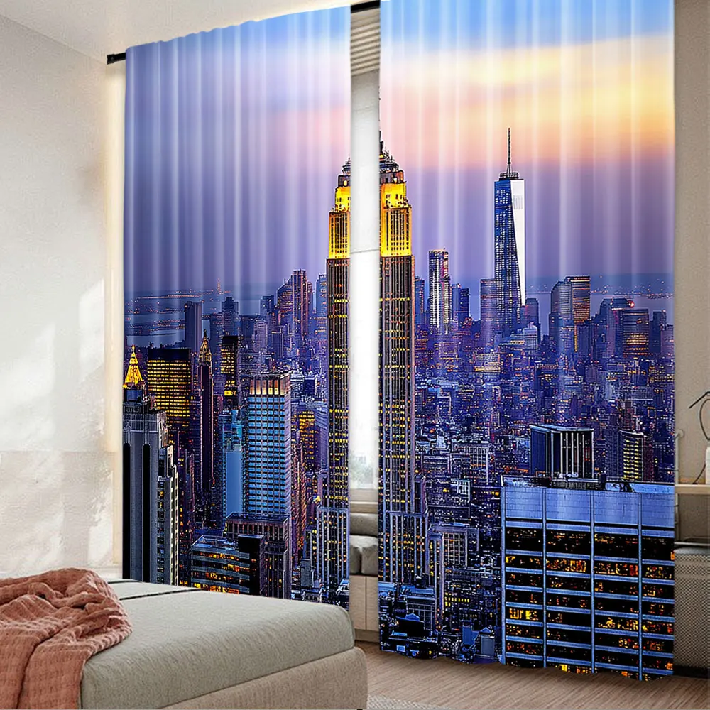 2Pcs Modern Curtain New York City Skyline With Skyscrapers At Sunset Night American Urban Life For Bedroom Living Room Dining