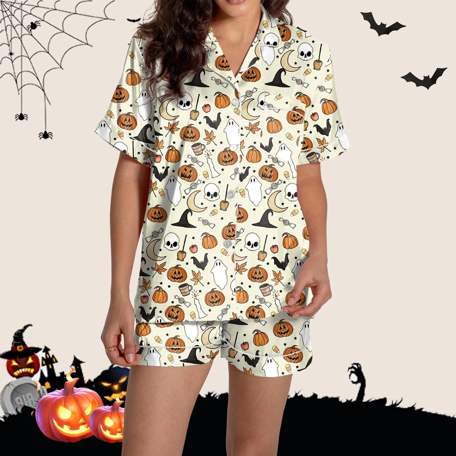 Blood Handprint Pajamas Short-Sleeve Halloween 2 Pieces Casual Pajamas Set Daily Woman V Neck Retro Button Sleepwear Women