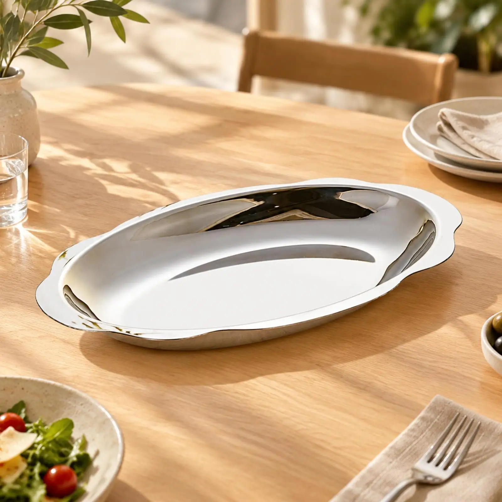 Oval Serving Tray Reflective Oval Stainless Steel Serving Plate Slim Food Presentation Plate Rust-Resistant Long-Lasting