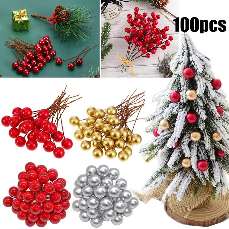 100/50pcs Simulation Red Berries Christmas Decoration Artificial Cherry Berry Fake Berries Flowers Gold Pearl Beads Xmas Decors