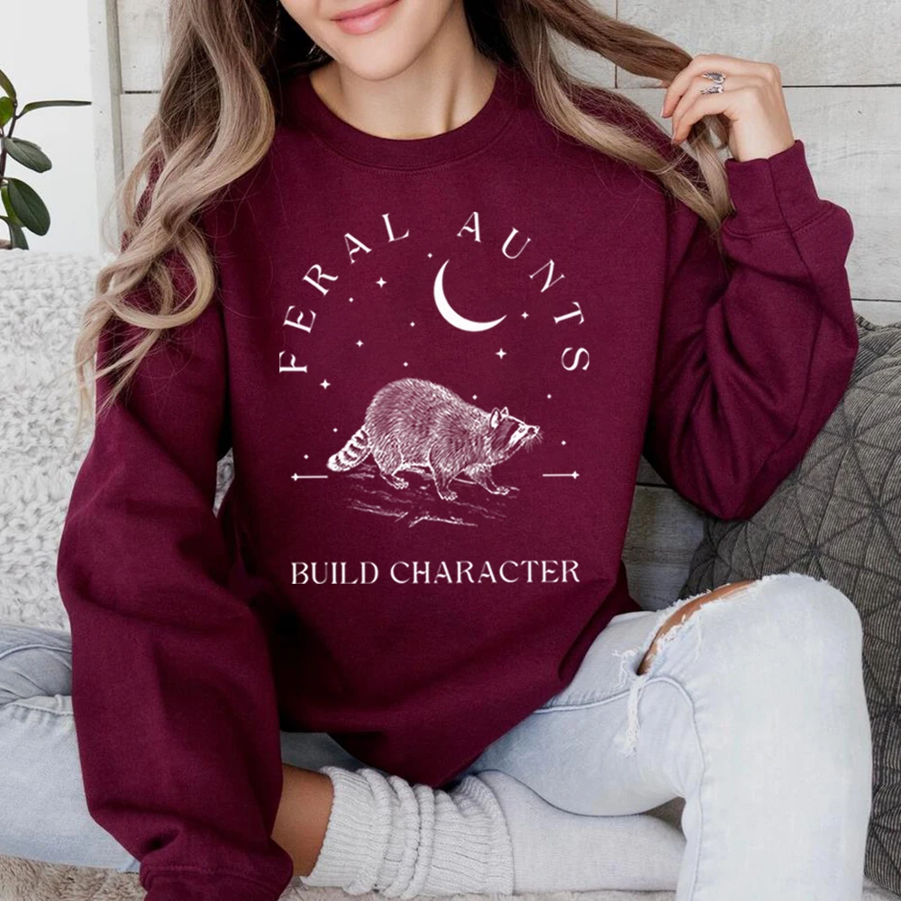 Feral Aunts Build Character Sweatshirt Raccoon Lover Aunt Shirt Raccoon Crescent Moon Hoodie Whimsigoth Aunty Gothic Sweatshirts