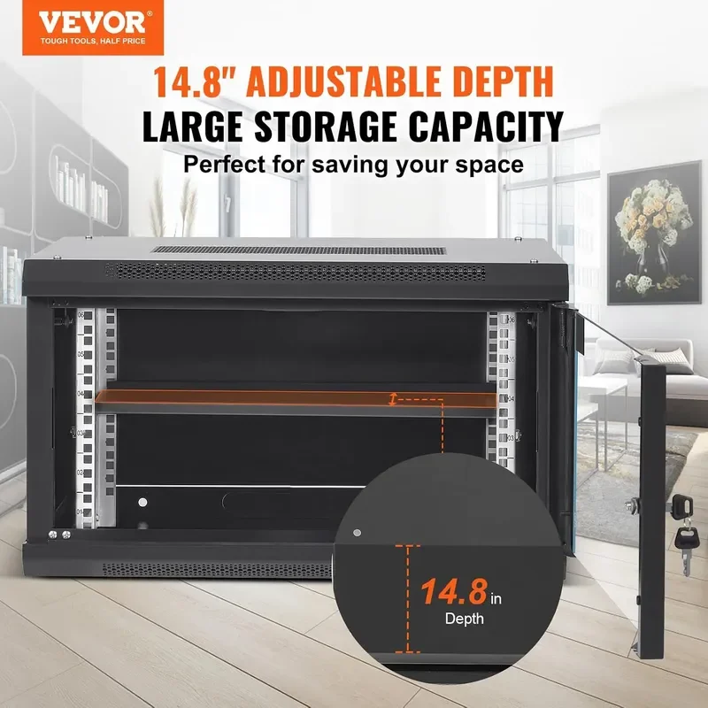 6U Wall Mount Network Server Cabinet 14.8 Deep Server Rack Cabinet Enclosure 200 lbs Max Ground Mounted Load Capacity with