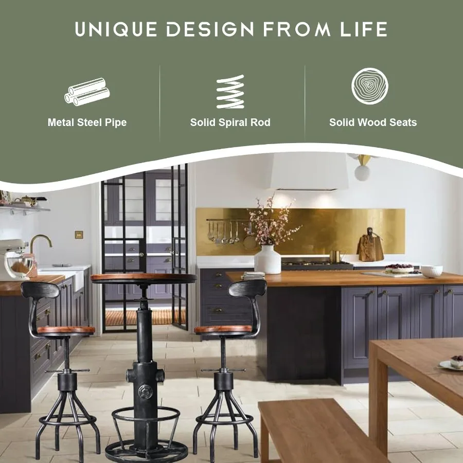 Conjunto de 2 bancos de bar rústicos industriais com altura ajustável de 24 a 30 polegadas, base giratória de metal e balcão superior de madeira e
