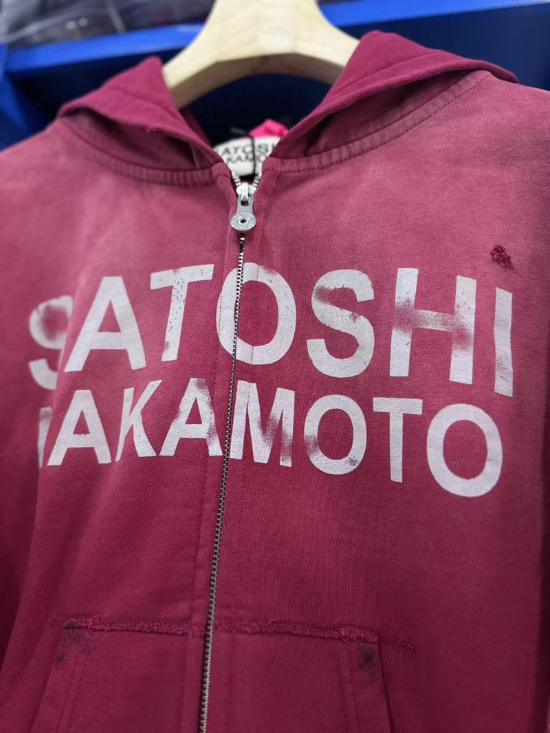 Vintage Washed Worn Red SATOSHI Jacket Splashed Ink Fading Letters Men Women Oversize Zippered Hoodie Loose Street Outfit