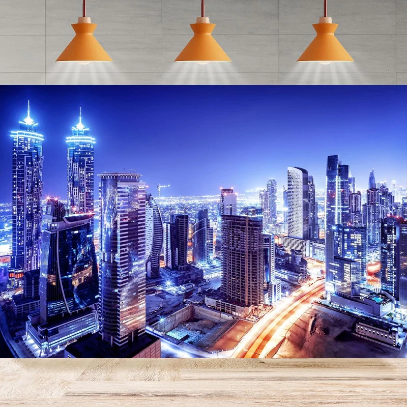 Photography Backdrop Dubai Buildings City Night Skyline Background Downtown Urban Shining Lights Home Party Backdrop Wall Banner