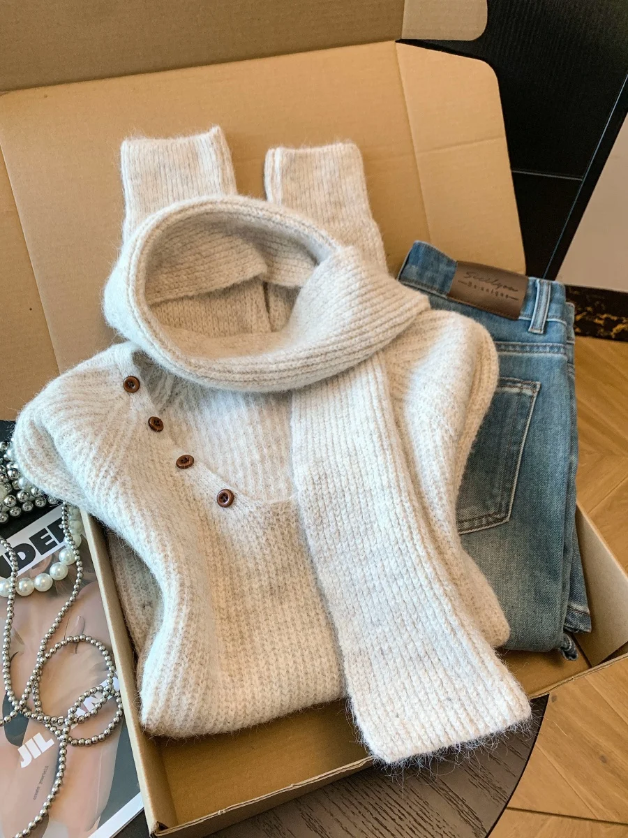 

Korean Sle Sweet Mella Thi Long Sve Knitted Sweater Top Women's Autumn Winter New Arrival Two-Piece Set V-Ne Pullover