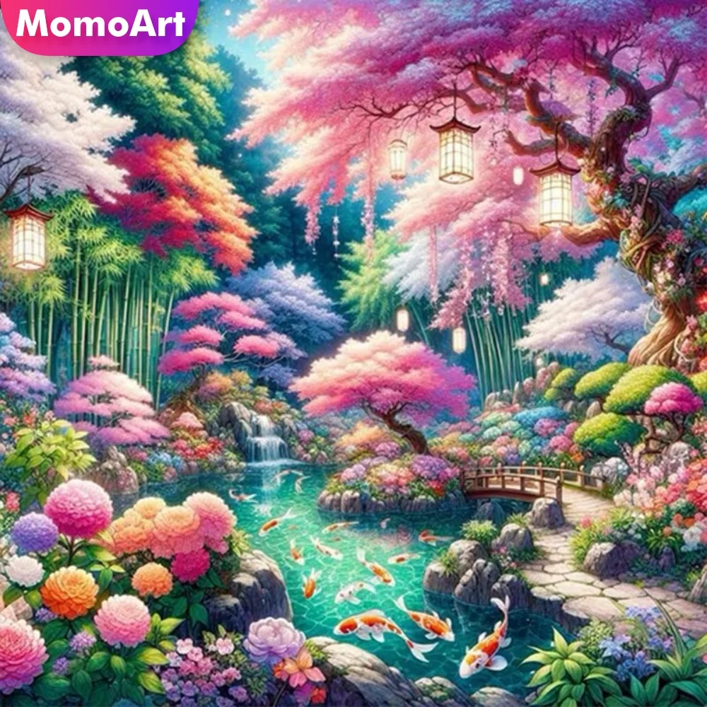 Momoart Vollquadratisches und rundes Diamant-Mosaik: Baum-Diamantmalerei, See-Landschaft, Kreuzstich, DIY-Stickerei, Garten, handgemachtes Hobby