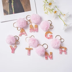 Cute Keyring Pink Pompom Fur Ball 26 Letter Keychain Resin Key Chains Handbag Charms For Woman Ornaments Accessories Gift