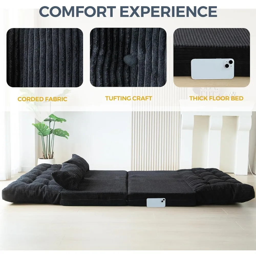 Bean Bag Bed Tufted Folding Sofa Bed with Pillows Floor Mattress for Adults, Extra Thick and Long Floor Sofa, Full Floor