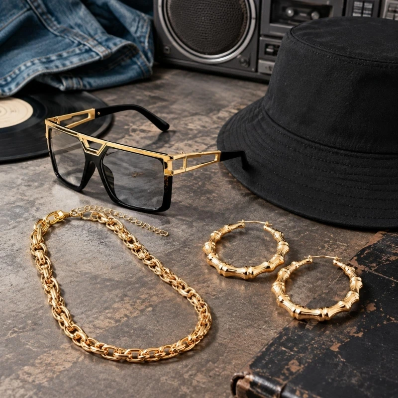 CORD Coordinated Hip-Hop Outfit Accessory Set with Gold-Tone Chain, Bamboo-Style Earrings, Hat, and Fashion Glasses
