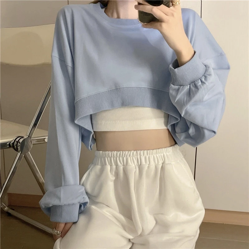 Women\'s Crop Tops Pullover Cropped Hoodies Long Sleeves Sweatshirts Spring Autumn Round Collar Blouse