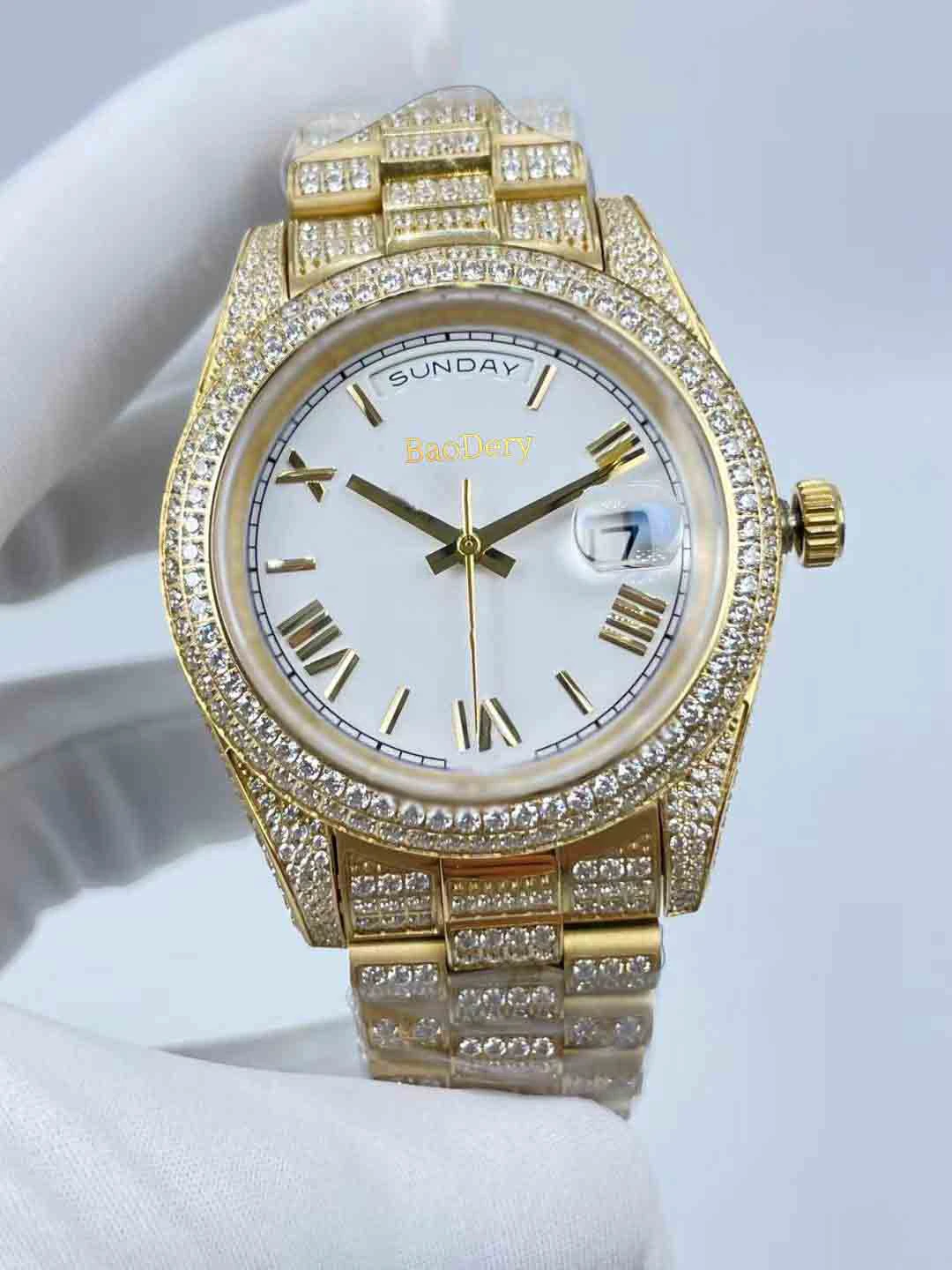 

41mmMen's Watch - Full Diamond Roman Face, Calendar Window, Mechanical Movement, Luxury Watch