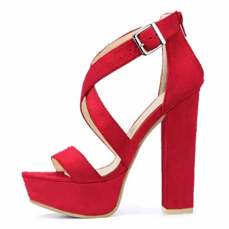 Women Platform Sandals Summer Sexy Pumps 14cm Open Toe Thick High Heels Chunky Cross Strap Buckle Dress Party Red Wedding Shoes view 2