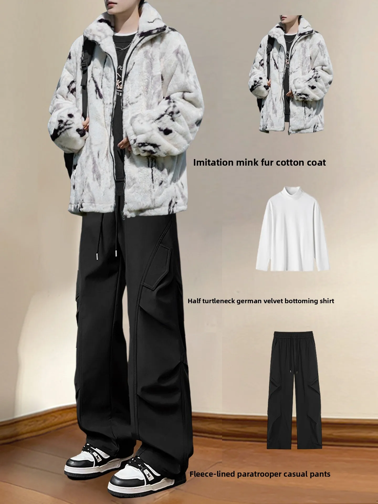 

Thiened Cotton Jaet Men's Winter Faion Brand Fake Fur Coat Boys' Whole Set High-End Feeling Casual Sle Zipper D...