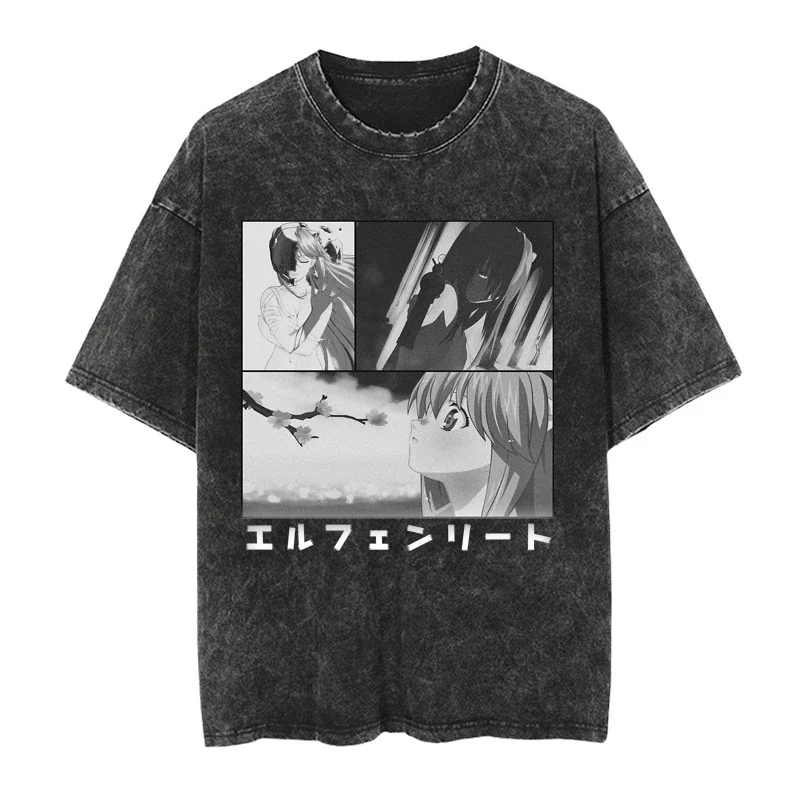 Best Summer Japanese Anime Elfen Lied Retro Washed Vintage T-shirt Streetwear Casual Harajuku Pattern Short-sleeved Trendy