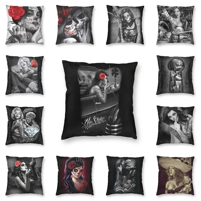 Sugar Skull Halloween Cushion Cover Double Side 3D Print Day Of The Dead Cartoon Girl Floor Pillow Case for Car Pillowcase