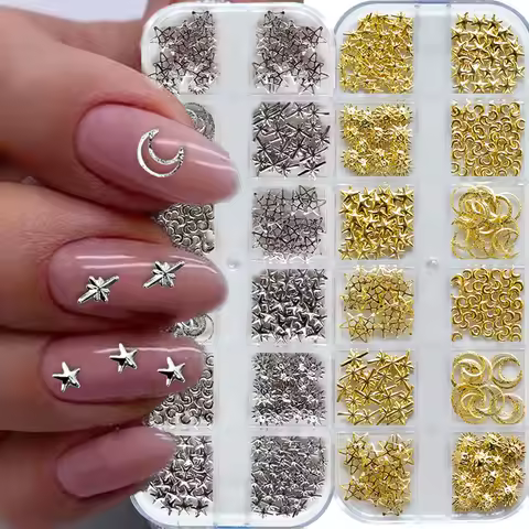 12Grid/box Mixed (100pcs) Metallic Star/Moon Nail Rivet 6/7/8mm Gold Silver Star Flat-Back Nail Studs DIY Alloy Nail Supplies