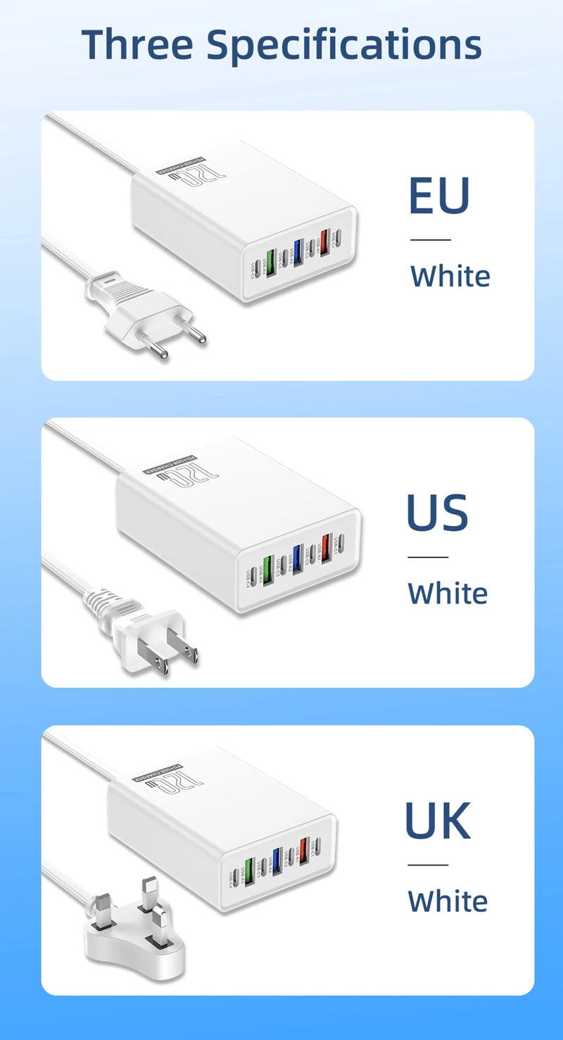 120W Ladeadapter 7 Anschlüsse 3USB+4PD Schnellladegerät 5V4A US/EU/UK Standard-Ladegerät für Mobiltelefone 2026 – Detail 8