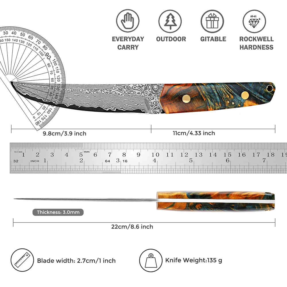 Damascus Steel Kitchen utility knife 5 inch Full Tang Blade Super sharp Japanese VG10 Knife Ergonomic Stabilised wood handle