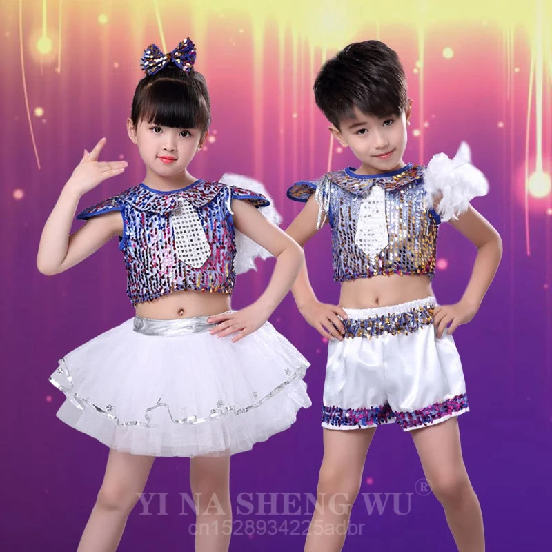 

Костюм для джазового танца на День защиты детей, укороченный топ с блестками для мальчиков и девочек, комплект шорт с тюлевой юбкой, детский комплект