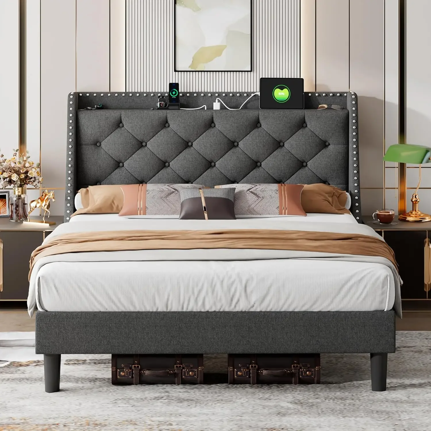 

USB & Type-C Ports, Upholstered Platform Beds with Button Tufted Storage Headboard