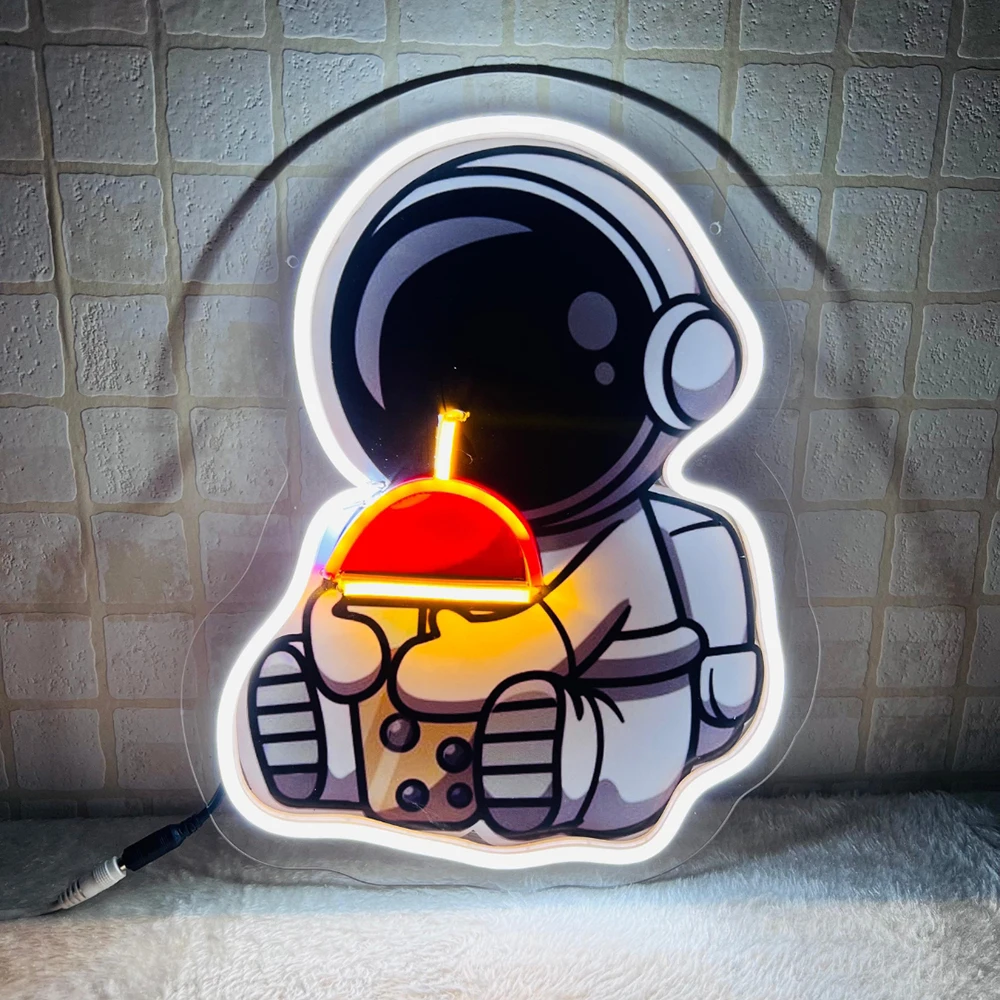 Cute Astronaut Drinking Boba Tea Neon Artwork Acrylic Light Sign for Coffee Shop Bubble Tea Storefront Decor Custom Neon Signs