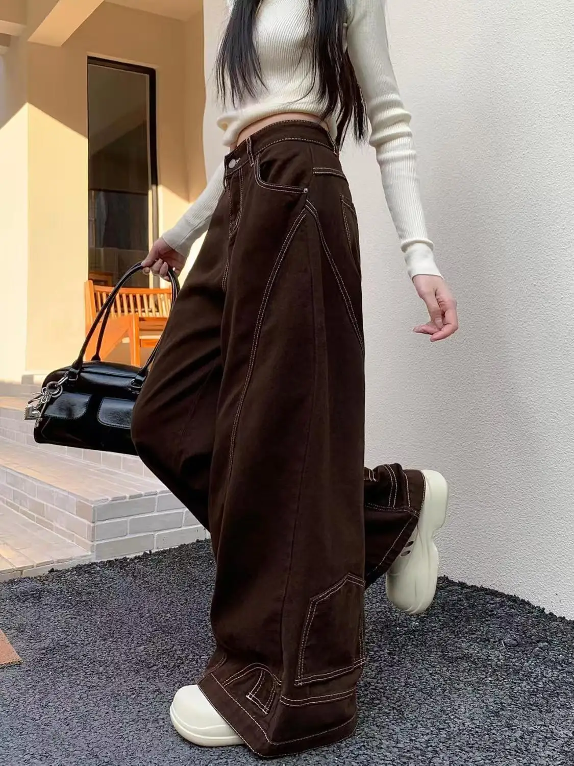 

American Retro Hip-Hop Gothic Reverse-Wear Hot Girl Jeans High-Waisted Slim Fit Loose Wide-Leg Women Fashion Casual Jeans