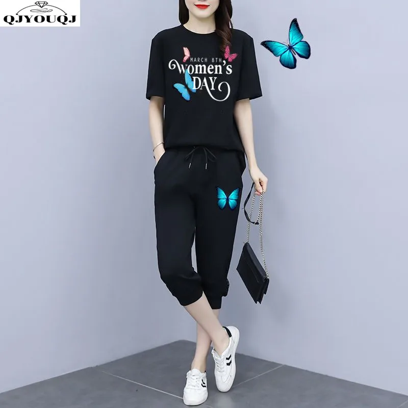 Set pakaian olahraga wanita, baju/set ramping kasual Korea Musim Panas 2024 celana crop longgar + set dua potong lengan pendek