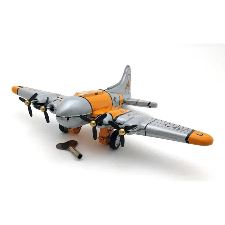 

[Funny] Adult Collection Retro Wind up toy Metal Tin flying fortress bomber Propeller plane Clockwork toy model vintage toy gift