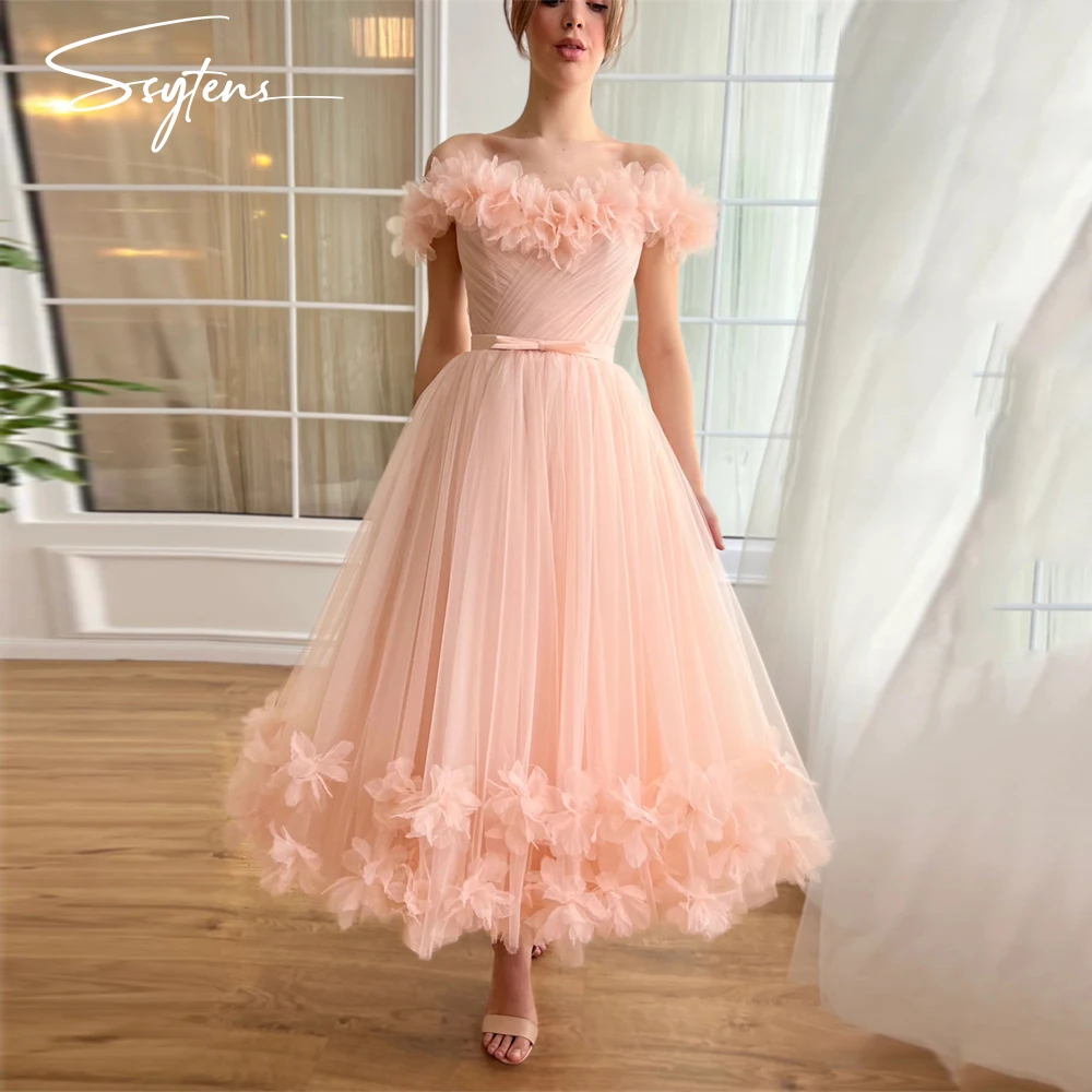 

Blush Pink Evening Dresses Tulle Off The Shoulder A Line Prom Gowns Abendkleider Formal Occasion Dress for Women Ankle Length