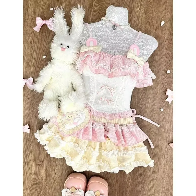 

Summer Japanese Lolita Elegant Skirt 2 Piece Sets Women Pink Y2k Bow Mini Skirt Suit Kawaii Female Princess Chic Festival Outfit